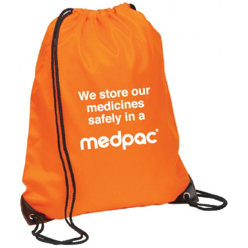 orange drawstring bag for epipens and allergy medications