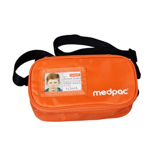 bright orange medpac with window for medical card and black shoulder strap