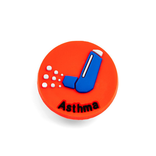 Bright red round charm that inserts into a bracelet.  It has a picture of an inhaler and reads, "Asthma."