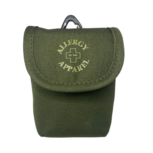 Green compact medicine case with Allergy Apparel logo on front, snap closure and triangular black carabiner