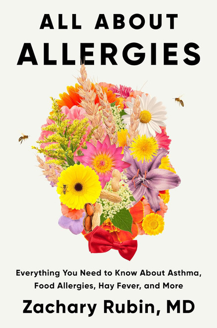 Cover of All About Allergies book, which shows a bouquet of flowers, a bee and peanuts.