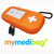 Bright orange mymedibag double hard-case medical organizer with a white cross symbol on the front. The case features a secure zipper closure, external window for emergency contact card. Black carabiner clip for carrying.