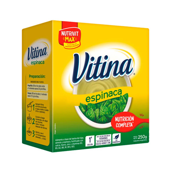 Harina de Trigo con Espinacas sabor Nutri-Vit Plus y Semolina con Vitaminas Vitina, 250 g
