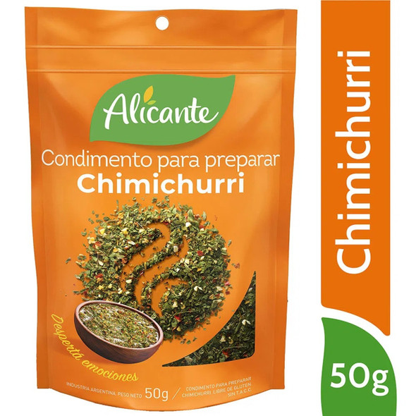 Alicante Condimento Para Preparar Chimichurri Mezcla de Especias Ajo, Perejil, Orégano, Pimienta Blanca y Chiles, 50 g