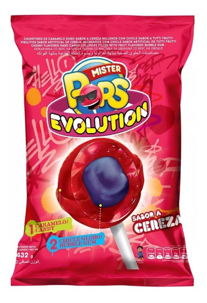 Mister Pops Evolution Chupetín-Chicle Chupetín de Cereza Relleno con Chicle Sabor a Cherry, 18 g (bolsa de 24 chupetines)