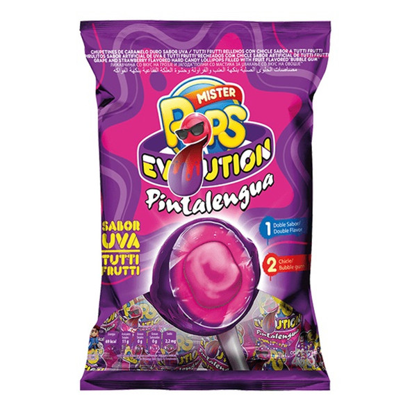 Mister Pops Evolution Pintalengua Chupetín-Chicle Chupetín de Uva Relleno con Chicle Cherry & Tutti-Frutti Lollipops Rellenos de Chicle Tutti Frutti, 432 g (Bolsa con 24 Chupetines)