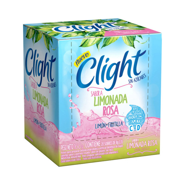 Clight Jugo Limonada Rosa Jugo en Polvo Sabor Limón y Frutilla Sin Azúcar, 7,5 g (caja de 20 Unidades)