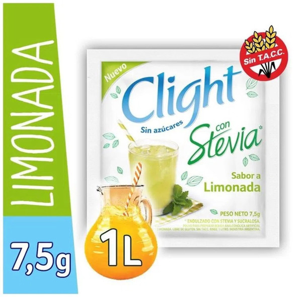 Clight Jugo Limonada Stevia en Polvo Sabor a Limón Endulzado con Stevia, 7.5 g (16 Unidades)