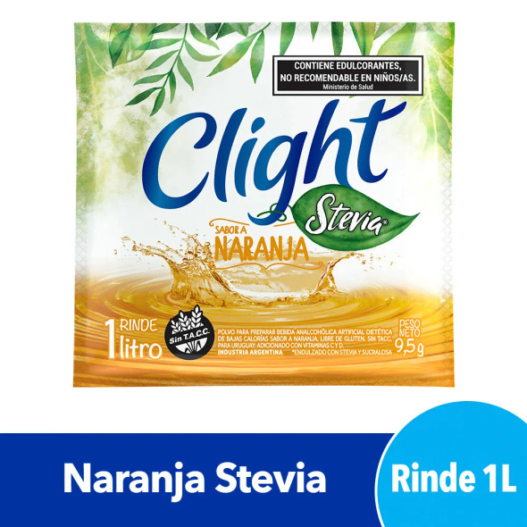 Clight Jugo Naranja Stevia Jugo en Polvo Sabor a Naranja Endulzado Con Stevia, 9,5 g (16 Unidades)