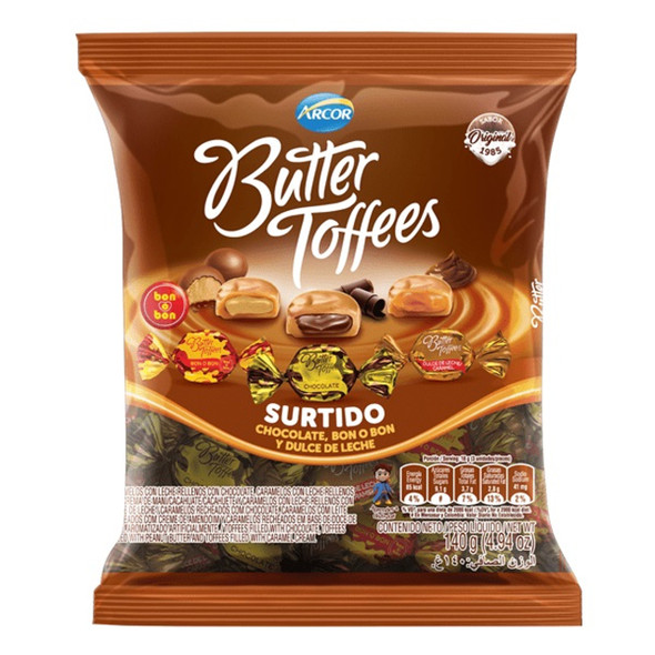 Butter Toffees Surtido de Caramelos Suaves y Mantecosos con Relleno Bon o Bon, Chocolate Con Leche y Dulce de Leche, 140 g