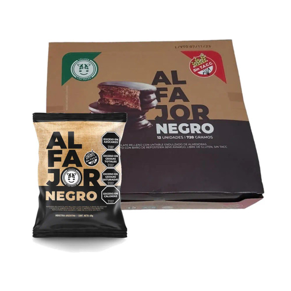 Felices Las Vacas Alfajores Negro Vegano Alfajor con Chocolate Semi-Amargo y Dulce de Leche de Almendra, 60 g (12 Unidades)