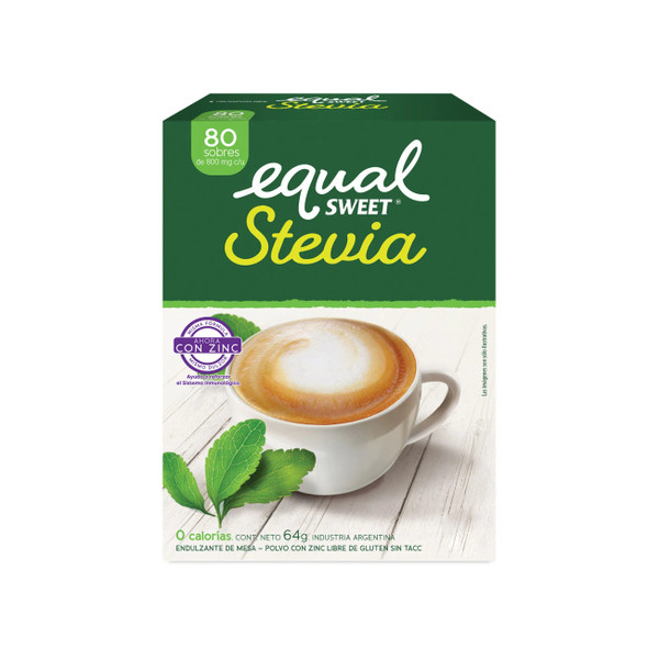 Equal Sweet Edulcorante con Stevia en Polvo, Endulzante en Sobres Con Zinc (80 Unidades)