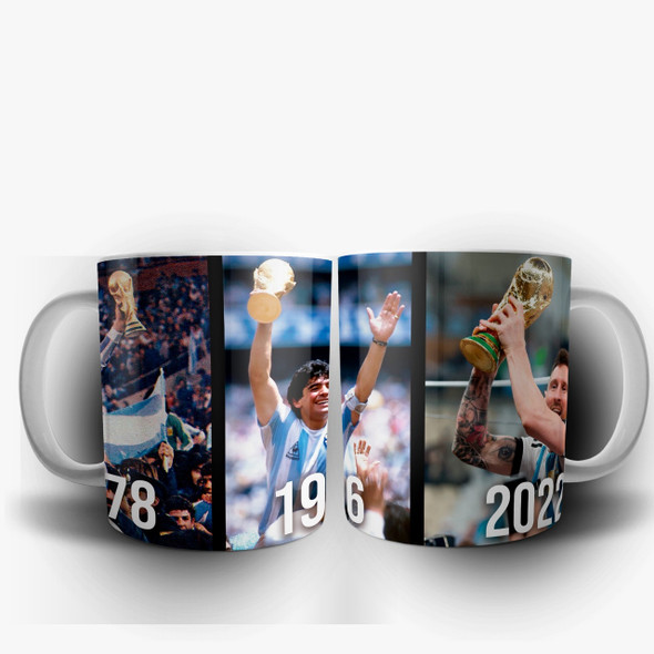 Taza de Cerámica Argentina Tri-Campeón '78, '86, '22 Copa del Mundo Diseño Pasarella, Maradona, Messi