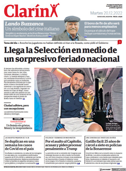 La Selección Llega - Clarín Diario Impreso Argentino Martes - Todas las Secciones (20/12/22)