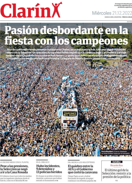 Clarín Pasión Desbordante En La Fiesta Con Los Campeones Diario Impreso Argentino Periódico Miércoles Argentina - Todas las Secciones (21/12/22)
