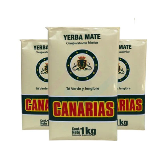 Yerba Mate Canarias con Té Verde y Jengibre, Mezcla Rara de Uruguay, 1 kg (3 Unidades)