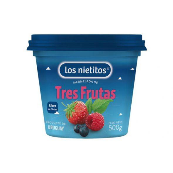 Los Nietitos Mermelada de Tres Frutas Tradicional - Mermelada Clásica de Fresas y Frutos Rojos de Uruguay, 500 g