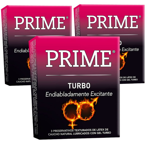Prime Turbo Preservativos Texturados de Látex de Caucho Natural Lubricados Con Gel Turbo (Pack de 3)