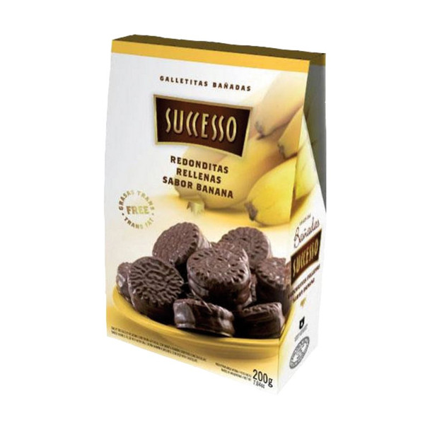 Galletas Veganas Successo Rellenas de Crema de Banana con Cobertura de Chocolate con Leche, 200 g / 7.04 oz