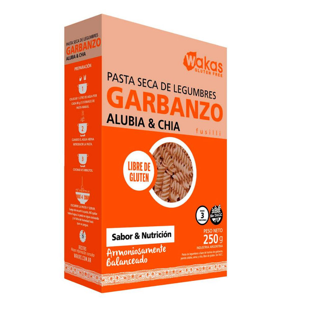 Wakas Pasta de Legumbres de Garbanzo, Alubia y Chía Sin Gluten - Pasta de Legumbres de Garbanzo, Frijol y Chía, 250 g / 8.81 oz
