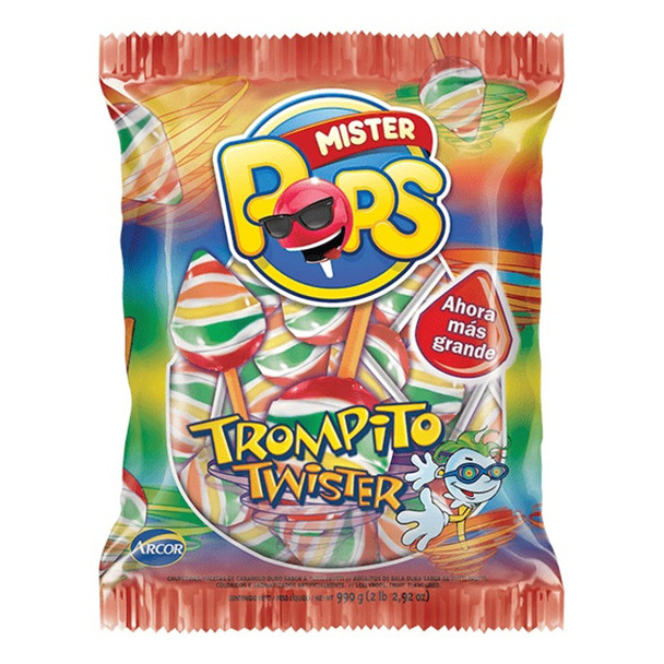 Mister Pops Chupetines Trompito Twister Con Sabor a Frutas, 550 g (Paquete de 50 Chupetines)