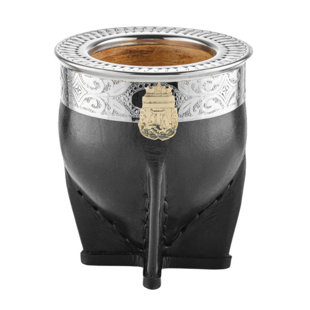 Laska Mates Mate Imperial Premium Calabaza Cincelado Forrado en Cuero Genuino Escudo Bronce AFA (Negro)