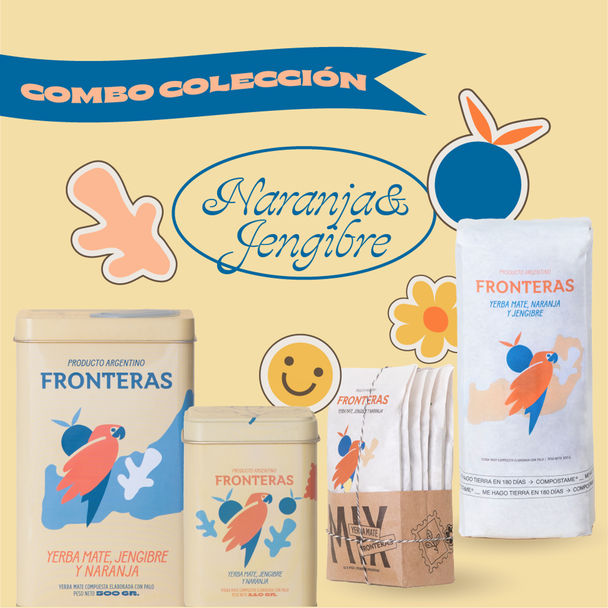 Fronteras Colección Jengibre y Naranja Colección con Yerba Mate y Latas de Yerba Mate Fronteras Colección Jengibre y Naranja Colección con Yerba Mate y Latas de Yerba Mate