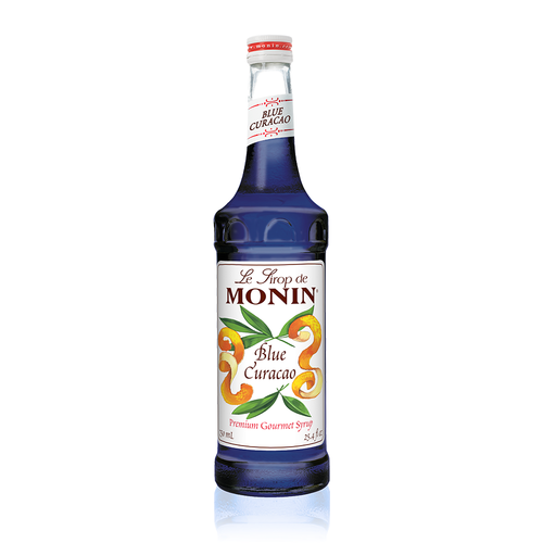 A 750 mL (25.4 fl oz) bottle of Monin Blue Curacao Premium Gourmet Syrup. The vibrant, deep-blue syrup is visible through the bottle, which features a white label with the Monin logo and illustrations of curled orange peels and green leaves. The label includes the text "Blue Curacao" and "Premium Gourmet Syrup."