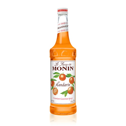 A 750 mL (25.4 fl oz) bottle of Monin Mandarin Premium Gourmet Syrup. The bright orange syrup is visible through the bottle, which features a white label with the Monin logo and illustrations of whole and sliced mandarin oranges with green leaves. The label includes the text "Mandarin" and "Premium Gourmet Syrup."