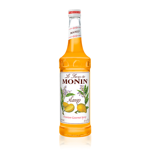 A 750 mL (25.4 fl oz) bottle of Monin Mango Premium Gourmet Syrup. The bright orange syrup is visible through the bottle, which features a white label with the Monin logo and botanical illustrations of whole and sliced mangoes alongside flowering branches. The label includes the text "Mango" and "Premium Gourmet Syrup."