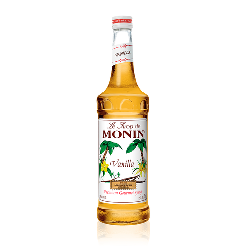 A 750 mL (25.4 fl oz) bottle of Monin Vanilla Premium Gourmet Syrup. The golden-amber syrup is visible through the bottle, which features a white label with the Monin logo and botanical illustrations of palm trees, vanilla flowers, and vanilla beans. The label includes the text "Vanilla," a small gold seal stating "Made with Pure Madagascar Vanilla," and "Premium Gourmet Syrup."