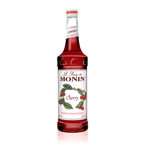 A 750 mL (25.4 fl oz) bottle of Monin Cherry Premium Gourmet Syrup. The deep red syrup is visible through the bottle, which features a white label with the Monin logo and botanical illustrations of clusters of ripe red cherries and green leaves on a branch. The label includes the text "Cherry" and "Premium Gourmet Syrup."