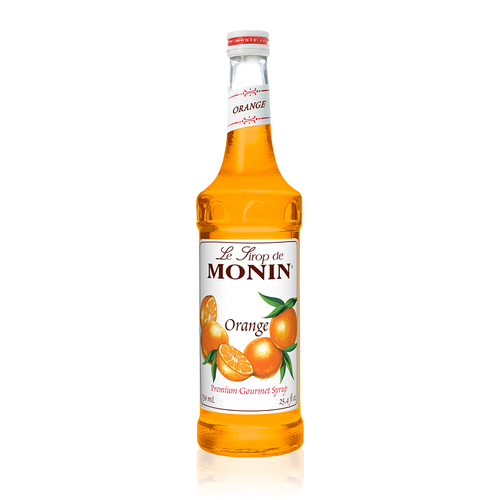 A 750 mL (25.4 fl oz) bottle of Monin Orange Premium Gourmet Syrup. The bright orange syrup is visible through the bottle, which features a white label with the Monin logo and botanical illustrations of whole and halved oranges with green leaves. The label includes the text "Orange" and "Premium Gourmet Syrup."