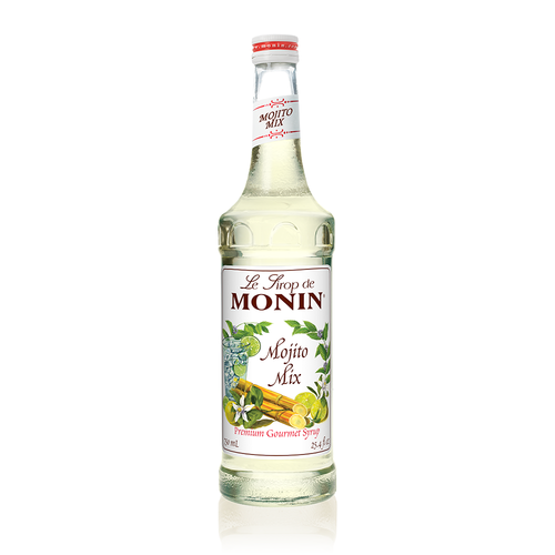 A 750 mL (25.4 fl oz) bottle of Monin Mojito Mix Premium Gourmet Syrup. The clear, pale-tinted syrup is visible through the bottle, which features a white label with the Monin logo and illustrations of a refreshing mojito cocktail with ice and lime slices, sugar cane stalks, fresh mint leaves, and lime blossoms. The label includes the text "Mojito Mix" and "Premium Gourmet Syrup."