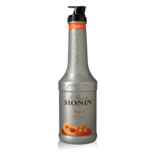 A 1-liter (33.8 fl oz) silver squeeze bottle of Le Fruit de Monin Peach Fruit Purée. The bottle features a textured neck with the Monin logo embossed, a black pour spout, and an orange neck band labeled "peach." The label displays the Monin brand name, the text "Peach Fruit Purée with Natural Flavors," and a high-quality image of sliced and whole peaches with water droplets.