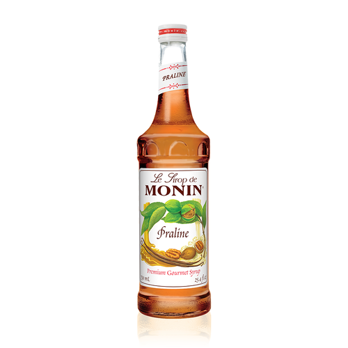 A 750 mL (25.4 fl oz) glass bottle of Monin Praline Premium Gourmet Syrup. The amber-colored syrup is contained in a clear bottle with a white label featuring the Monin logo and illustrations of pecans, green nut husks, and vanilla beans. The label includes the text "Praline" and "Premium Gourmet Syrup."
