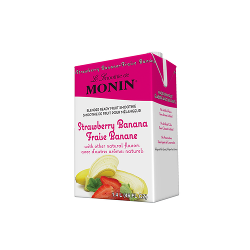 A 1.4-liter (46 fl oz) carton of Le Smoothie de Monin Strawberry Banana blender-ready fruit smoothie mix. The packaging features a vibrant pink top and a white bottom section with illustrations of sliced strawberries and a peeled banana. The text is provided in both English and French ("Fraise Banane") and notes that the product contains no artificial flavors, colors, or preservatives.