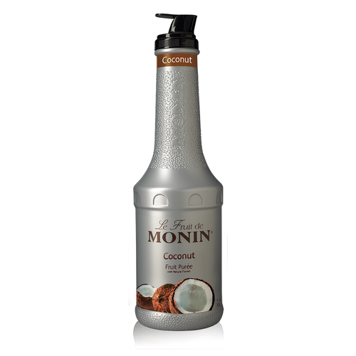 A 1-liter (33.8 fl oz) silver squeeze bottle of Le Fruit de Monin Coconut Fruit Purée. The bottle features a textured neck for grip, a black integrated pour spout, and a brown "Coconut" label at the top of the neck. The main label shows the Monin logo and an illustration of whole and cracked coconuts, with the text "Coconut Fruit Purée with Natural Flavors."