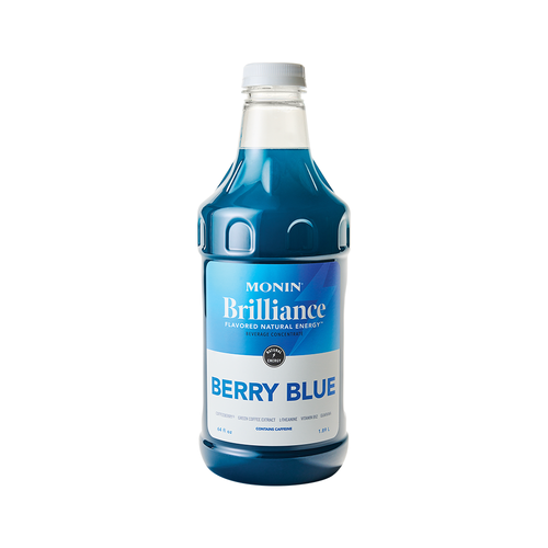 A 1.89-liter (64 fl oz) plastic bottle of Monin Brilliance Flavored Natural Energy Beverage Concentrate in Berry Blue flavor. The bottle contains a vibrant blue liquid and features a label with a blue-to-white gradient, the text "Berry Blue," and a list of functional ingredients including Coffeeberry, Green Coffee Extract, L-Theanine, Vitamin B12, and Guarana.