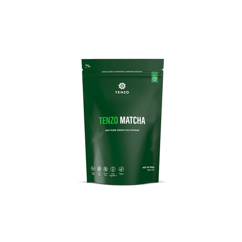 A 500g (17.64 oz) resealable bag of Tenzo Matcha 100% Pure Green Tea Powder. The dark green packaging features the Tenzo logo and specifies "Farm Direct Authentic Japanese Matcha." Icons at the bottom indicate the product is Sugar-Free, Non-GMO, Gluten-Free, Vegan, and contains only one ingredient. The bag notes that it contains 250 servings.