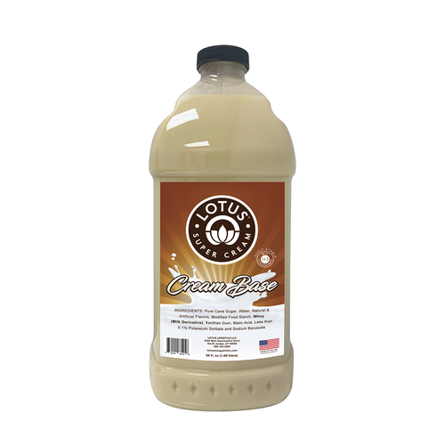 A 64 fl oz (1.89 liters) bottle of Lotus Super Cream Cream Base concentrate. The clear plastic bottle contains a thick, opaque cream-colored liquid and features a brown and white label with the circular "Lotus Super Cream" logo. The label displays the text "Cream Base" over a milk splash illustration and notes a "Shelf Stable 1+3 Mix" ratio. Ingredients listed include pure cane sugar, whey (milk derivative), and xanthan gum.