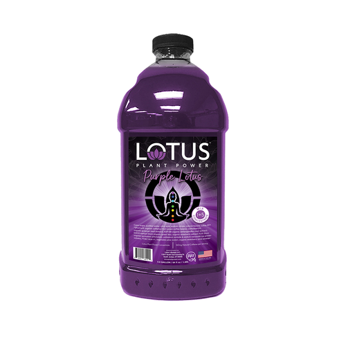 A 1/2 gallon (64 fl oz) bottle of Lotus Plant Power Purple Lotus Energy Concentrate. The clear plastic bottle contains a vibrant purple liquid and features a dark purple and black label with the "Purple Lotus" branding. The label displays the "1+5 Mix Concentrate" ratio and highlights natural ingredients like green coffee beans, acai, and botanical extracts.