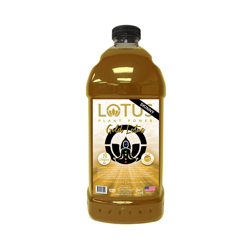 A 1/2 gallon (64 fl oz) bottle of Lotus Plant Power Skinny Gold Lotus Energy Concentrate. The clear plastic bottle contains a deep golden liquid and features a cream and gold label with the "Gold Lotus" logo, a "Skinny" black corner banner, and a 0 sugar claim. The label highlights a 1+5 mix concentrate ratio and notes the product is keto-friendly, featuring natural caffeine from green coffee beans.