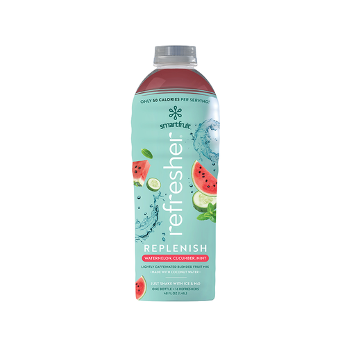 A 48 fl oz (1.41L) bottle of Smartfruit Replenish Watermelon, Cucumber, Mint Refresher mix. The light teal bottle features the "smartfruit Refresher" logo and "REPLENISH" branding in white text. The label includes vibrant illustrations of watermelon slices, cucumber rounds, and mint leaves with a water splash, noting that it is a "lightly caffeinated blended fruit mix" made with coconut water and contains only 50 calories per serving.