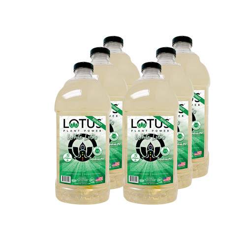 Six bottles of 1/2 gallon (64 fl oz) Lotus Plant Power Skinny White Lotus Energy Concentrate. The clear plastic bottles contain a pale liquid and feature a green and white label with the "White Lotus" logo, a "Skinny" banner, and a 0 sugar claim. The label highlights "HydraLife" electrolyte booster and a 1+5 mixing ratio, noting the product is keto-friendly and contains natural caffeine.