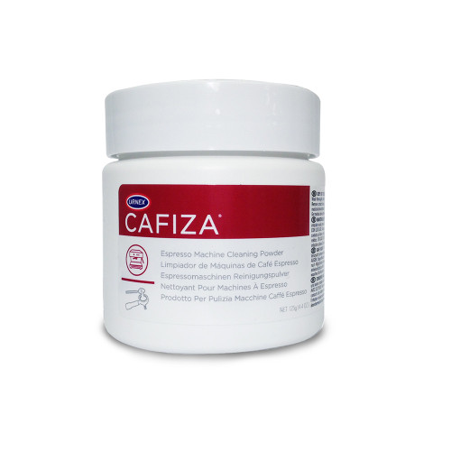 A 125g (4.4 oz) jar of Urnex Cafiza Espresso Machine Cleaning Powder. The white container has a white screw-top lid and a red and white label featuring the Urnex and Cafiza logos. The product description is written in multiple languages, including "Espresso Machine Cleaning Powder," "Limpiador de Máquinas de Café Espresso," and "Nettoyant Pour Machines À Espresso," alongside simple line icons of an espresso machine and a portafilter.