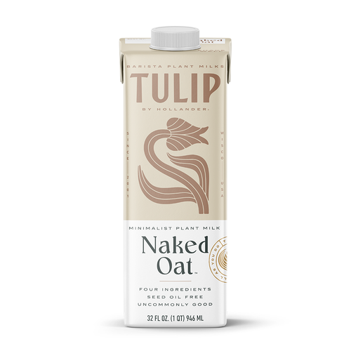 A 32 fl oz (1 QT) 946 mL carton of Tulip by Hollander Barista Plant Milks in Naked Oat flavor. The carton features a minimalist beige and white label with a stylized tulip illustration in the center. The lower half displays the text "Minimalist Plant Milk," "Naked Oat," "Four Ingredients," "Seed Oil Free," and "Uncommonly Good."