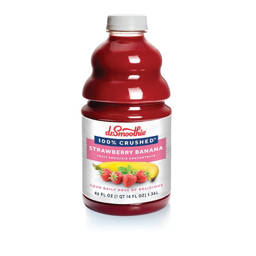 A 46 fl oz (1 QT 14 FL OZ) 1.36L bottle of Dr. Smoothie 100% Crushed Strawberry Banana Fruit Smoothie Concentrate. The bottle contains deep red smoothie liquid and features a white cap. Its white label displays the brand logo above a blue banner reading "100% Crushed" and a pink banner reading "Strawberry Banana," along with the description "Fruit Smoothie Concentrate" and illustrations of whole strawberries in front of a whole yellow banana.