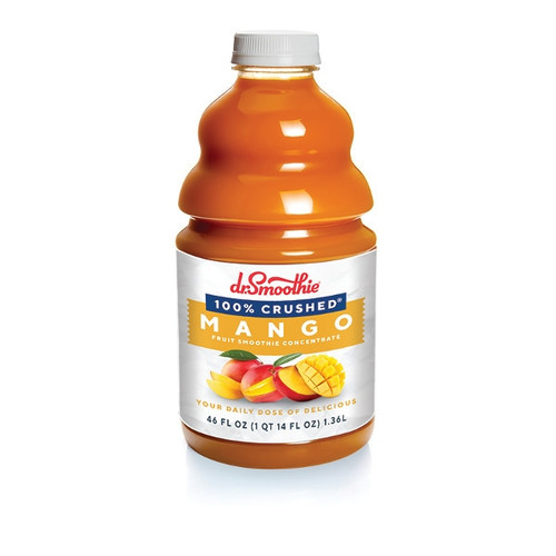A 46 fl oz (1 QT 14 FL OZ) 1.36L bottle of Dr. Smoothie 100% Crushed Mango Fruit Smoothie Concentrate. The bottle contains rich orange smoothie liquid and features a white cap. Its white label displays the brand logo above a blue banner reading "100% Crushed" and a yellow-orange banner reading "Mango," along with the description "Fruit Smoothie Concentrate" and illustrations of whole and diced mangoes.