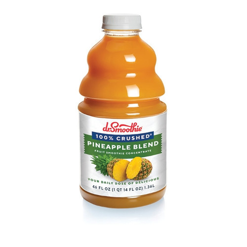 A 46 fl oz (1 QT 14 FL OZ) 1.36L bottle of Dr. Smoothie 100% Crushed Pineapple Blend Fruit Smoothie Concentrate. The bottle contains bright yellow-orange smoothie liquid and features a white cap. Its white label displays the brand logo above a blue banner reading "100% Crushed" and a green banner reading "Pineapple Blend," along with the description "Fruit Smoothie Concentrate" and illustrations of a sliced pineapple.
